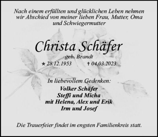 Traueranzeige von Christa Schäfer von Allgemeine Zeitung Mainz