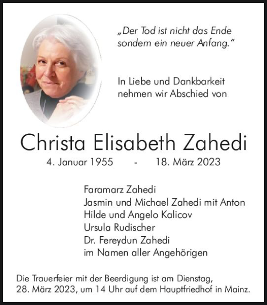 Traueranzeige von Christa Elisabeth Zahedi von Allgemeine Zeitung Mainz