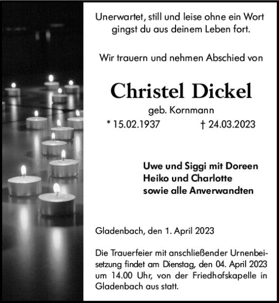 Traueranzeige von Christel Dickel von Hinterländer Anzeiger