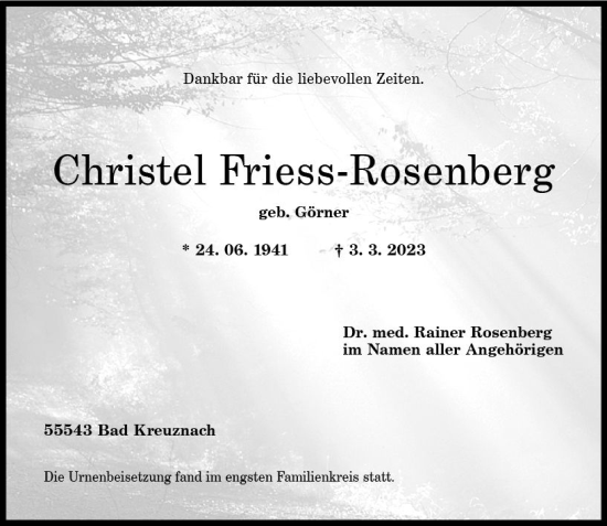 Traueranzeige von Christel Friess-Rosenberg von Allgemeine Zeitung Bad Kreuznach