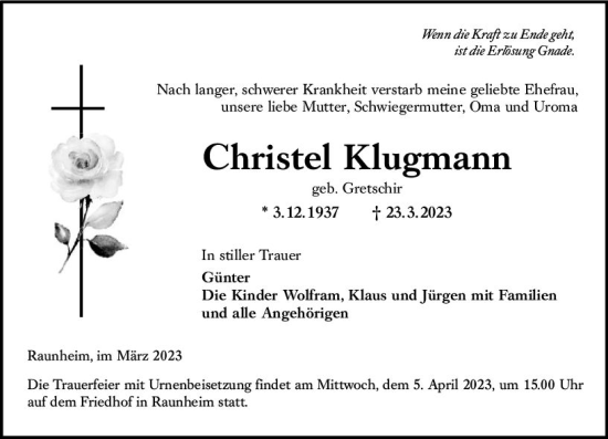 Traueranzeige von Christel Klugmann von Rüsselsheimer Echo