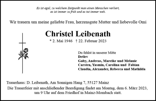 Traueranzeige von Christel Leibenath von Allgemeine Zeitung Mainz