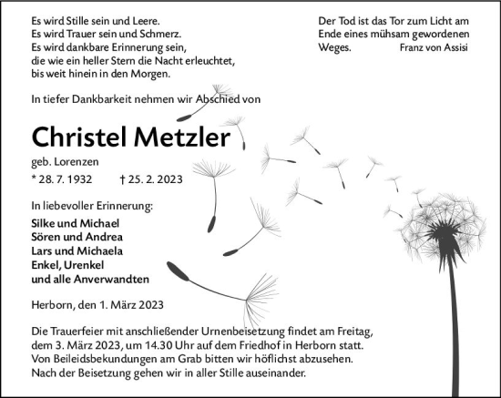 Traueranzeige von Christel Metzler von Dill Block