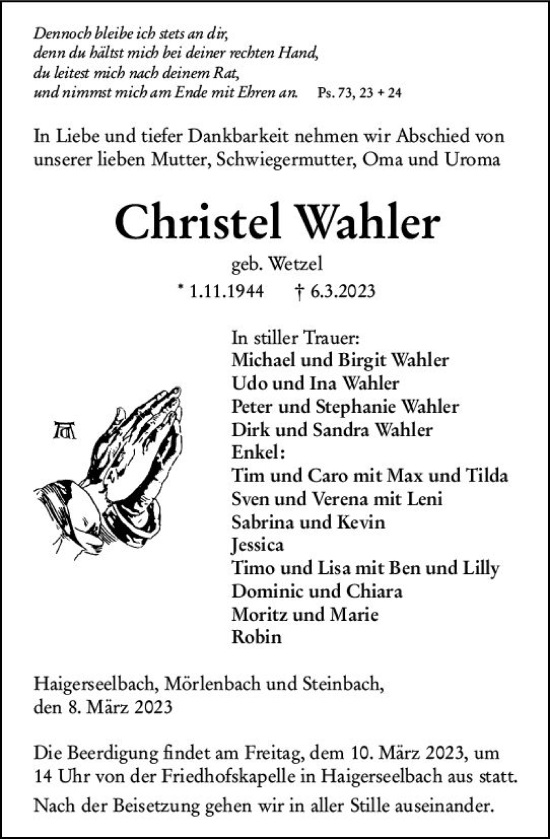 Traueranzeige von Christel Wahler von Dill Block