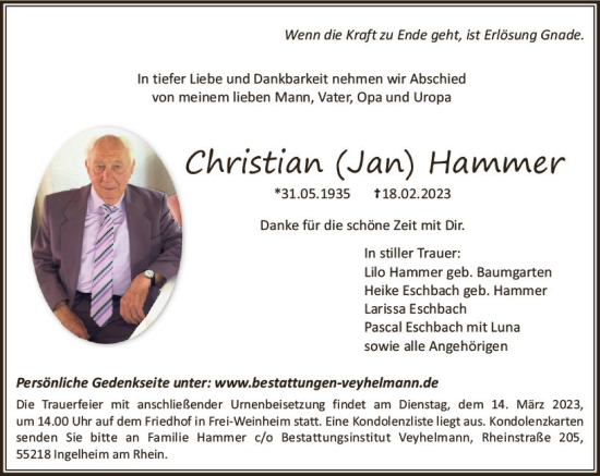 Traueranzeige von Christian Hammer von Allgemeine Zeitung Bingen/Ingelheim