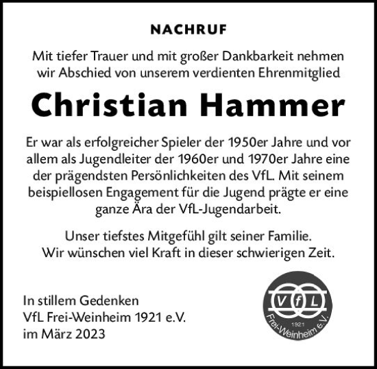Traueranzeige von Christian Hammer von Allgemeine Zeitung Bingen/Ingelheim