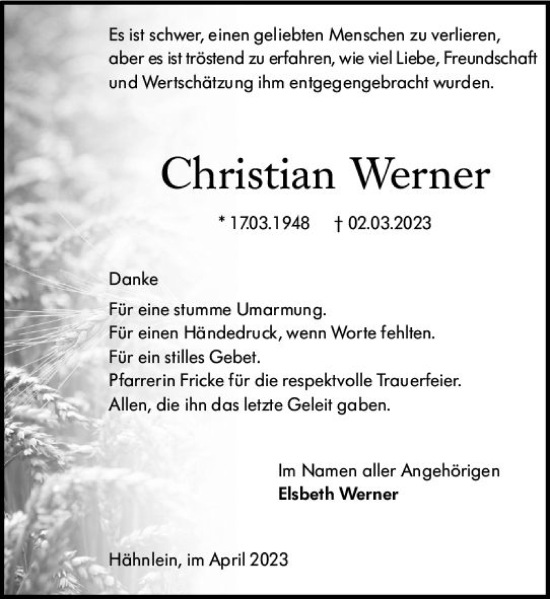 Traueranzeige von Christian Werner von Darmstädter Echo