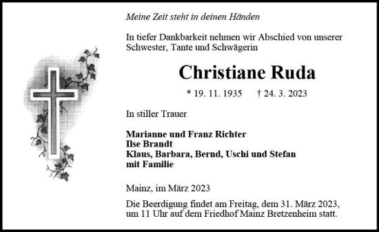 Traueranzeige von Christiane Ruda von Allgemeine Zeitung Mainz