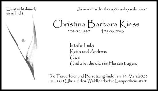 Traueranzeige von Christina Barbara Kiess von Starkenburger Echo