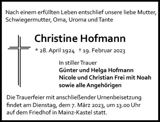 Traueranzeige von Christine Hofmann von Allgemeine Zeitung Mainz