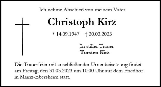 Traueranzeige von Christoph Kirz von Allgemeine Zeitung Mainz