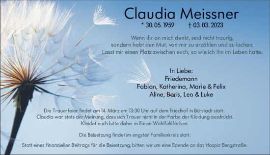 Traueranzeige von Claudia Meissner von Starkenburger Echo