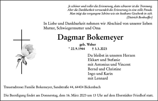 Traueranzeige von Dagmar Bokemeyer von Darmstädter Echo