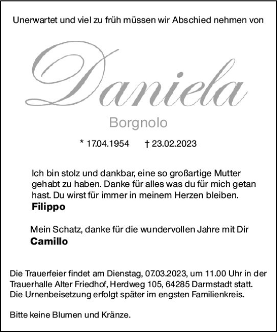 Traueranzeige von Daniela Borgnolo von Darmstädter Echo