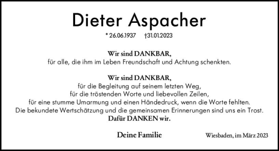 Traueranzeige von Dieter Aspacher von Wiesbadener Kurier