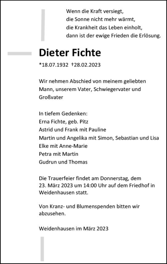 Traueranzeige von Dieter Fichte von Hinterländer Anzeiger