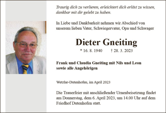 Traueranzeige von Dieter Gneiting von Wetzlarer Neue Zeitung