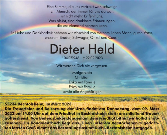 Traueranzeige von Dieter Held von Allgemeine Zeitung Alzey