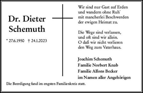 Traueranzeige von Dieter Schemuth von Wiesbadener Kurier