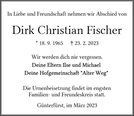 Traueranzeige von Dirk Christian Fischer von Odenwälder Echo