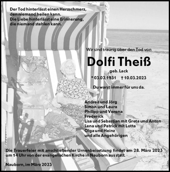 Traueranzeige von Dolfi Theiß von Wetzlarer Neue Zeitung