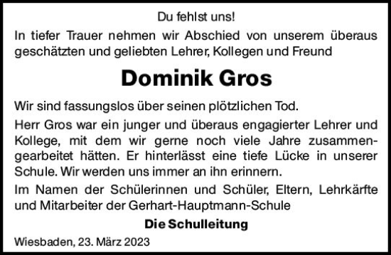 Traueranzeige von Dominik Gros von Wiesbadener Kurier