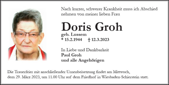 Traueranzeige von Doris Groh von Wiesbadener Kurier