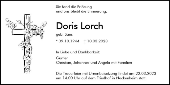 Traueranzeige von Doris Lorch von Allgemeine Zeitung Mainz