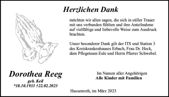Traueranzeige von Dorothea Reeg von Odenwälder Echo