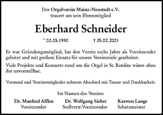 Traueranzeige von Eberhard Schneider von Allgemeine Zeitung Mainz
