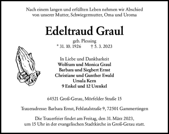 Traueranzeige von Edeltraud Graul von Groß-Gerauer Echo