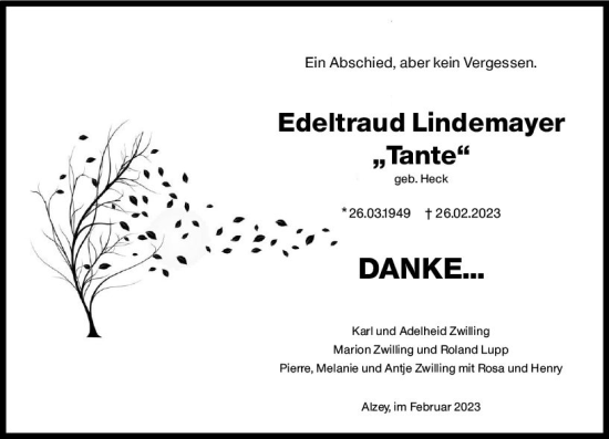 Traueranzeige von Edeltraud Lindemayer von Allgemeine Zeitung Alzey