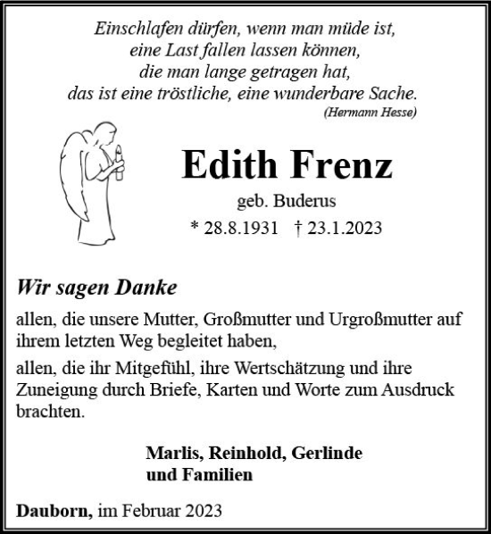 Traueranzeige von Edith Frenz von Camberger Anzeiger