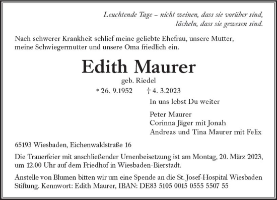 Traueranzeige von Edith Maurer von Wiesbadener Kurier