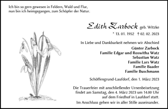 Traueranzeige von Edith Zarbock von Wetzlarer Neue Zeitung