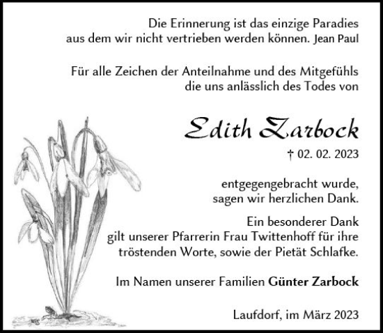 Traueranzeige von Edith Zarbock von Wetzlarer Neue Zeitung