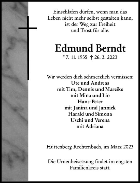 Traueranzeige von Edmund Berndt von Wetzlarer Neue Zeitung