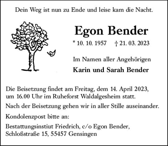 Traueranzeige von Egon Bender von Bingen/Ingelheim WOBL inkl. Neue Binger Ztg.