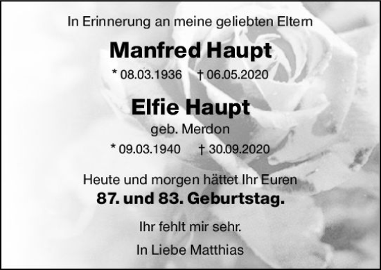 Traueranzeige von Elfie Haupt von Allgemeine Zeitung Mainz