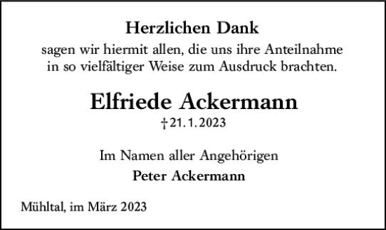 Traueranzeige von Elfriede Ackermann von Darmstädter Echo