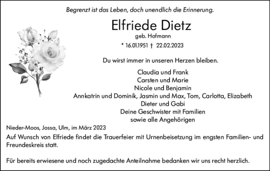 Traueranzeige von Elfriede Dietz von VRM Trauer