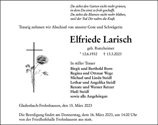 Traueranzeige von Elfriede Larisch von Hinterländer Anzeiger
