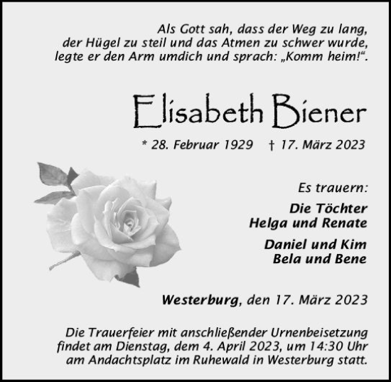 Traueranzeige von Elisabeth Biener von Nassauische Neue Presse