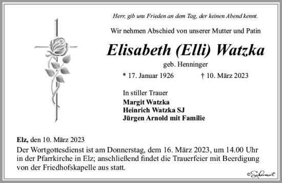 Traueranzeige von Elisabeth Watzka von Nassauische Neue Presse