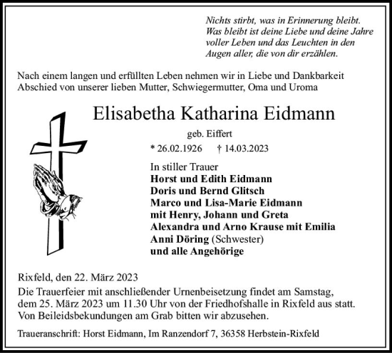 Traueranzeige von Elisabetha Katharina Eidmann von VRM Trauer