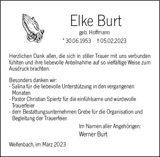 Traueranzeige von Elke Burt von Hinterländer Anzeiger