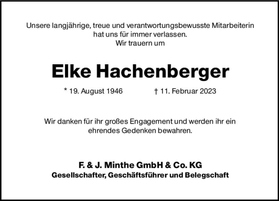 Traueranzeige von Elke Hachenberger von Allgemeine Zeitung Mainz