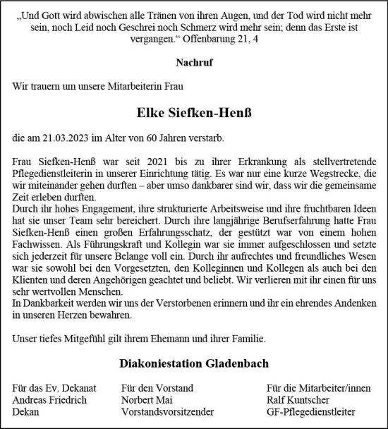 Traueranzeige von Elke Sielken-Henß von Hinterländer Anzeiger