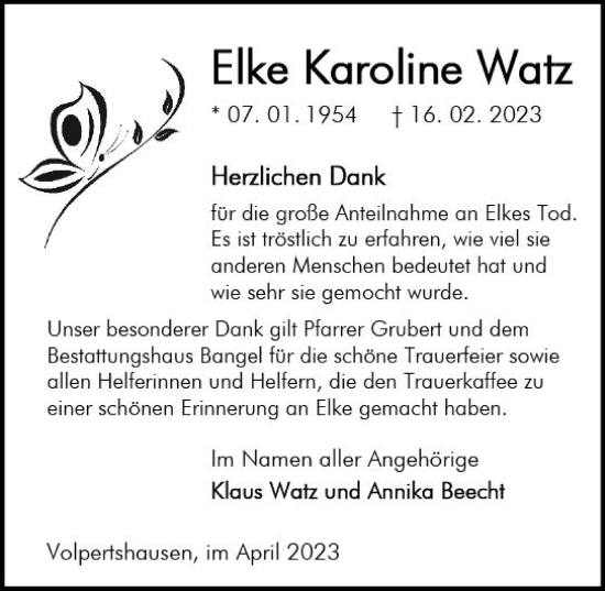 Traueranzeige von Elke Karoline Watz von Wetzlarer Neue Zeitung