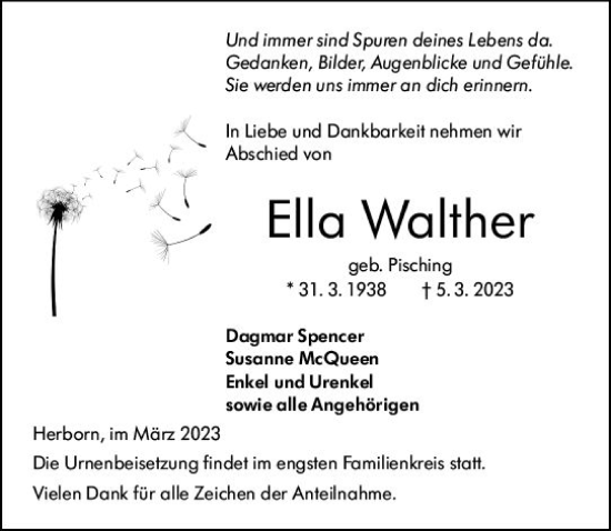 Traueranzeige von Ella Walther von Dill Block